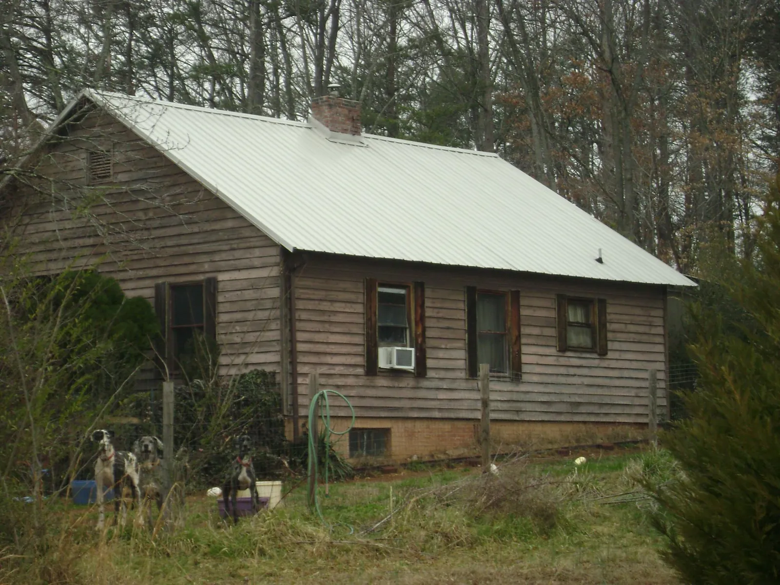White metal roof on an old wood sided farmhouse, from a Metal Roof Installation job in Pleasant Lake